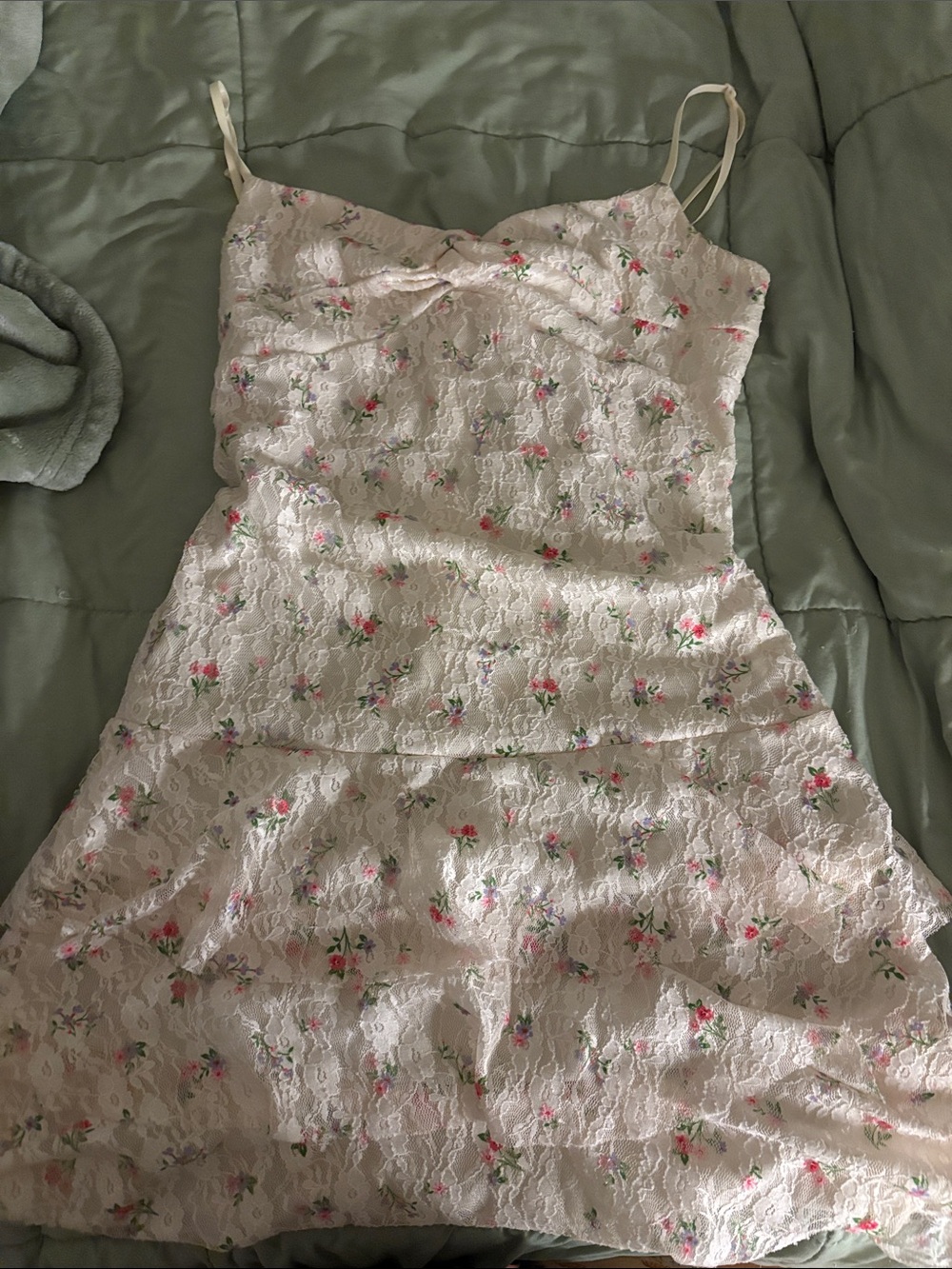 Ivory Lace Floral Slip Dress with Pink Rose Accents